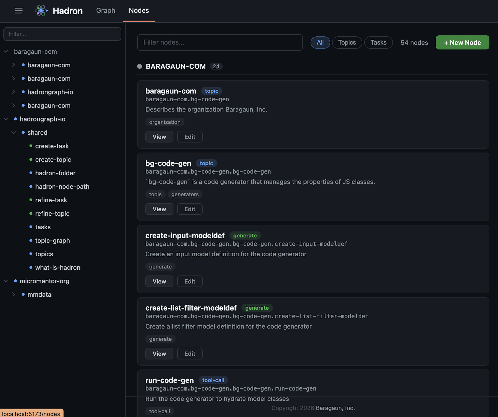 Hadron node management interface showing a list of nodes with tags, descriptions, and approval controls